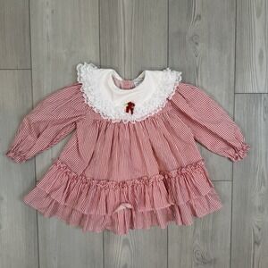 Vintage Bryan 1990s Baby Girl Dress Lace Collar Red & White Stripes 24M